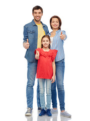 family and people concept - happy smiling mother, father and little daughter showing thumbs up over white background