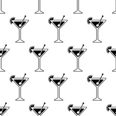 Black Silhouette of a Martini glass with slice of lime or lemon. cocktail icon with olive and stick. Martini seamless pattern