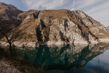 View of great canyon of river Piva. Location place National park Durmitor, Pluzine town, Montenegro, Balkans, Europe. Scenic image of popular travel destination.