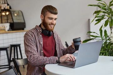 Happy young attractive ginger bearded man working at a laptop while sitting in a cafe, drinking...