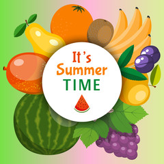 Fruit banner for fresh product or fruit farm market. Organic and natural food vector illustration. Banana, watermelon or melon, plum, orange, grapes, kiwi, mango, apple. Summer time.