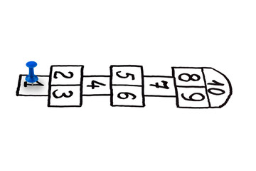 hopscotch game, player at the start, the concept of the beginning of a career, the beginning of...