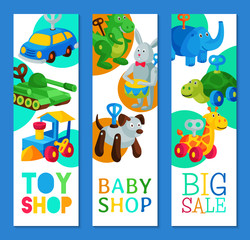 Fototapeta premium Vintage retro clockwork toy robot baby shop concept vector illustration. Antique key machine robotic childhood plaything mechanism. Robotic cute movement. Sale banner or poster