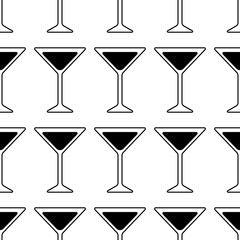Black Silhouette of a Martini glass. cocktail icon. Seamless pattern