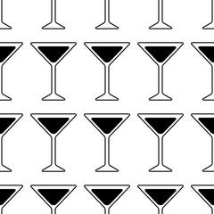 Black Silhouette of a Martini glass. cocktail icon. Seamless pattern
