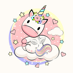 Obraz na płótnie Canvas Cute Baby unicorn with flowers, stars and hearts