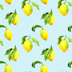 Seamless pattern with lemons and leaves on blue. Hand drawn watercolor illustration. Texture for print, fabric, textile, wallpaper.