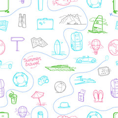 Hand drawn travel doodles seamless vector background
