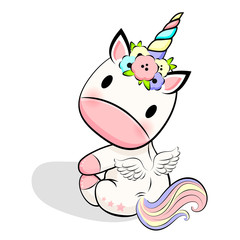 Cute Baby unicorn with flowers and wings