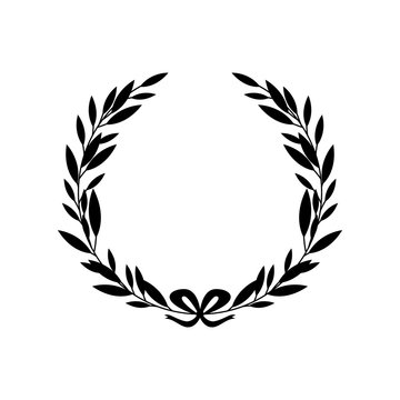 Black silhouette of greek laurel wreath with bow in flat style