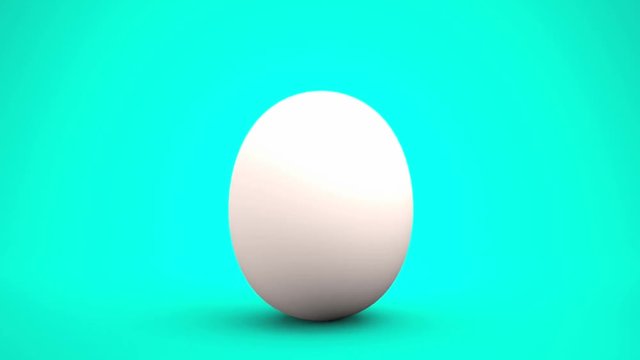 Swaying egg splitting and hatching out red percentage mark with white eggshell exploded fragments, isolated on blue green background.