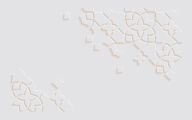 Islamic arabesque design greeting card for Ramadan Kareem,Arabic ornamental monochrome detail of mosaic isolated on a light background