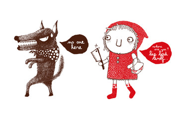 Red Riding Hood and the Big Bad Wolf, revenge of the Red Riding Hood, wolf, hide and seek, cartoon character,vector