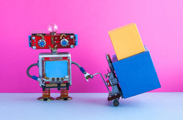 Robotic logistic delivery service concept. Robot moving big containers with powered pallet jack. Forklift cart mechanism and boxes on pink wall, blue floor background