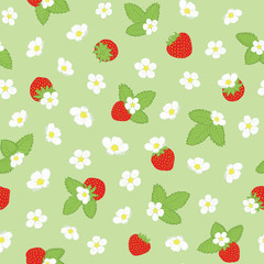 Spring and Summer vector floral strawberry seamless pattern with leaves and flowers. Gentle blossom design is perfect for kitchen and garden projects, summer textile, accessories, wrapping paper.