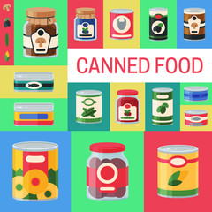 Canned food poster vector illustration. Vegetable product tinned container metal packaging. Soup conserve package can. Healthy goods grocery meal. Canning tinned steel lid shop vegetarian.
