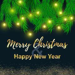 Christmas tree branches with a bright garland on a black background. The text of Merry Christmas and happy New Year. Greeting card. Vector illustration.