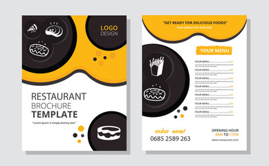 Restaurant brochure template vector design with graphics. Illustration of restaurant business flyer front and back pages design with the food graphics, heading, text and icons