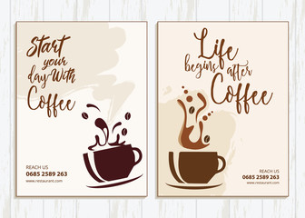 Fototapeta Set of two coffee shop brochure template vector design with graphics. Illustration of restaurant business flyer design with the coffee graphics and text obraz