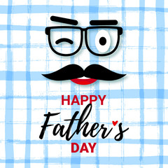 Greeting card with text Happy Fathers Day. Design with mustache, glasses on blue and white striped backgrounds. Vector illustration