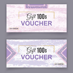 Vector gift voucher template. Universal flyer for business. luxury white violet pink marble with gold lines for department cosmetic, parfume, stores, business. 100 dollars