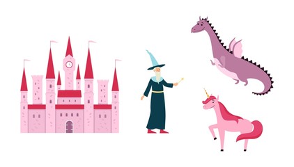 Fantastic kingdom or fairytale images set vector illustration isolated on white.