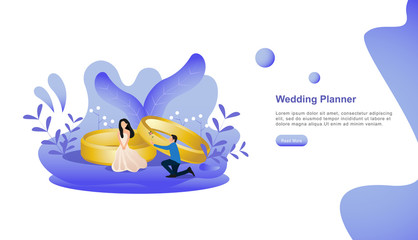 happy wedding planner. just married couples. wedding design on white background illustration with people character for web landing page template, banner, presentation, social or print media - Vector