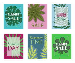 Summer time set of banners, flyers vector illustration. Tropical leaves. amazing palms. Jungle leaves, split leaf, philodendron plant. Advertisement of summer sales for shop.