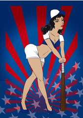 Sexy American baseball pin up leaning on a baseball bat with blue and white outfit and an American flag background