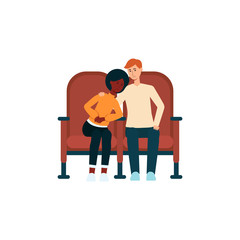 Couple sitting in cinema and hugging cartoon style