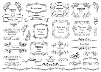Calligraphic design elements . Decorative swirls or scrolls, vintage frames , flourishes, labels and dividers. Retro vector illustration.