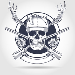 Sketch, skull with hunter hat, rifles, compass and antler