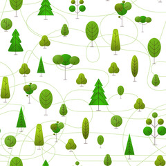 Seamless vector pattern with trees and forest paths. Geometric design for fabric, wallpaper, giftwrap or postcard. Vector illustration