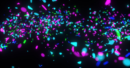 Abstract neon 3d rendered background. Geometrical elements and particles fly on black. Colorful concept for night party poster or banner.