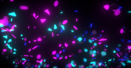 Abstract neon 3d rendered background. Geometrical elements and particles fly on black. Colorful concept for night party poster or banner.