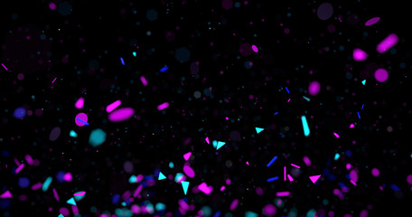 Abstract neon 3d rendered background. Geometrical elements and particles fly on black. Colorful concept for night party poster or banner. - obrazy, fototapety, plakaty