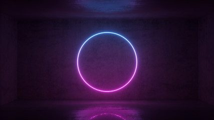3d render of neon circle frame on background in the room. Banner design. Retrowave, synthwave, vaporwave illustration.
