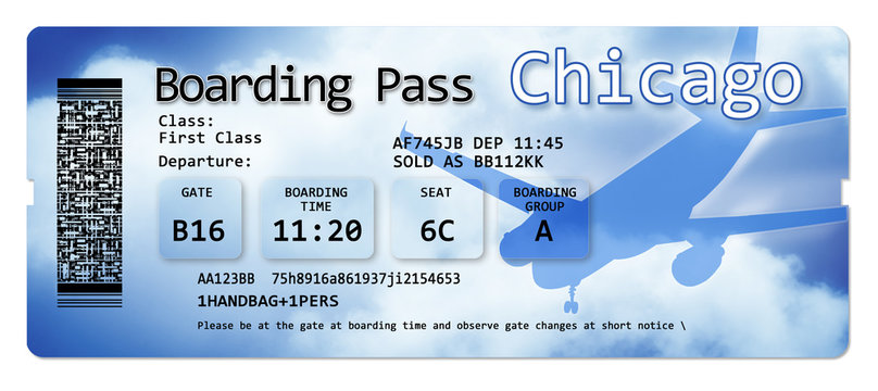 Airline boarding pass tickets to Chicago - The contents of the image are totally invented and does not contain under copyright parts.