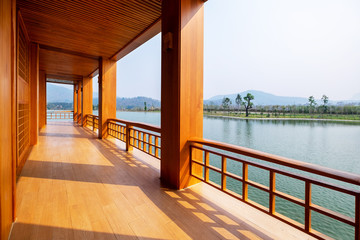 Beautiful Japanese Conservative Wood Terrace and Fence with Outdoor Pagola and Lake