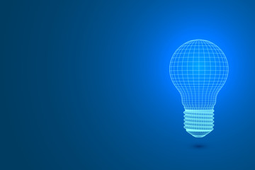 A light bulb from polygons on a blue background emits light. Vector illustration.3D.