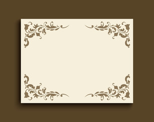 Vintage gold rectangle frame with floral corner patterns. Ornamental wedding invitation or greeting card template with place for text