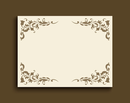 Vintage gold rectangle frame with floral corner patterns. Ornamental wedding invitation or greeting card template with place for text