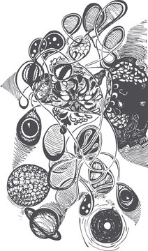 Black and white illustration of psychedelic travel, Eyes, planets, patterns, waves.