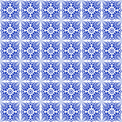 Traditional spain seamless pattern. Spanish ceramic blue decoration motif. Arabic ornament for fashion textile print. Luxury indigo vintage graphic element on white. Abstract vector lotus flower.