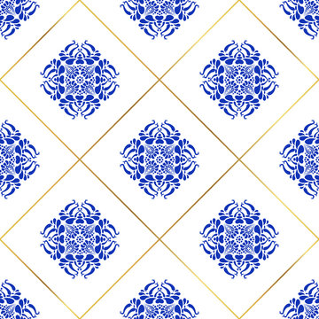 Traditional Spain Seamless Pattern. Spanish Ceramic Blue Decoration Motif. Arabic Ornament For Fashion Textile Print. Luxury Indigo Vintage Graphic Element On White. Abstract Vector Lotus Flower.