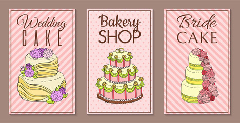 Wedding cake set of banners vector illustration. Chocolate and fruity desserts for sweet shop with fresh and tasty cupcakes, cakes, pudding, biscuits, whipped cream, glaze and sprinkles.