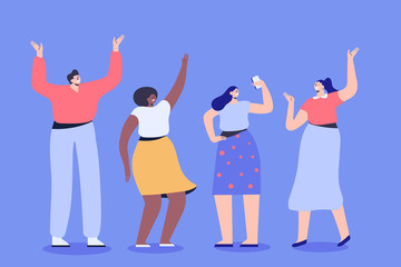 Fototapeta premium Group of male and female cartoon characters having fun. Happy friends. Flat colorful vector illustration in modern flat style.