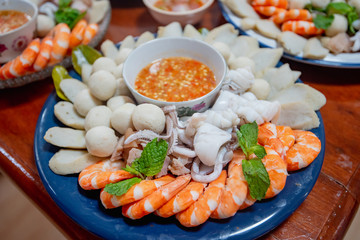 steamed seafood, Fish ball, squid, shrimp served with spicy sauce, thai food