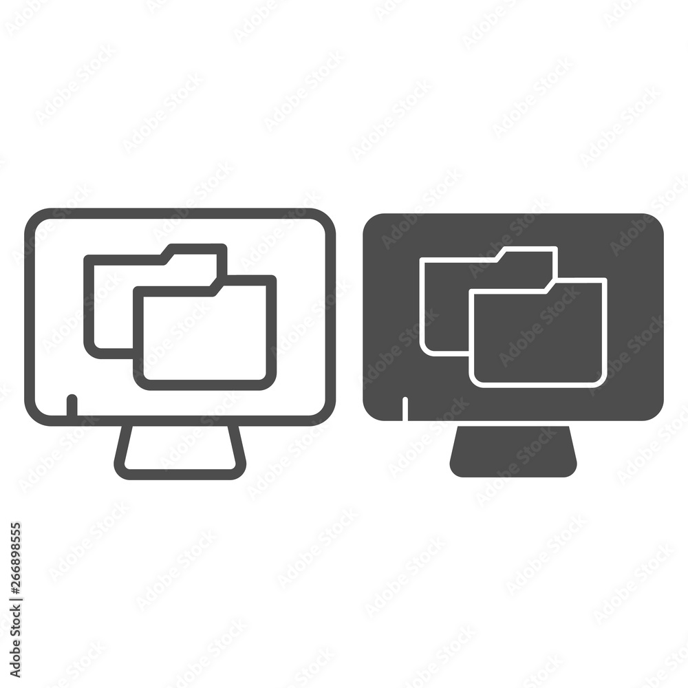 Poster monitor with folder line and glyph icon. file folder on pc vector illustration isolated on white. co