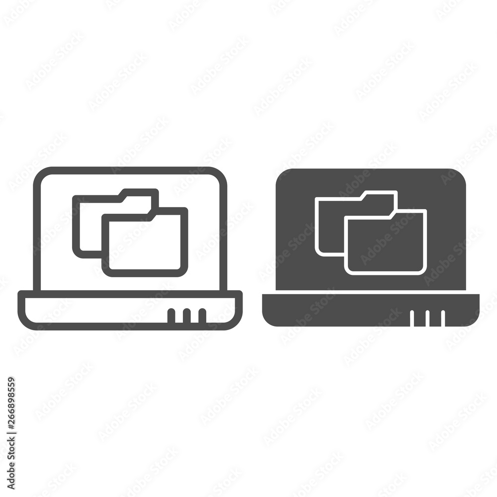 Poster Laptop folder line and glyph icon. File folder on notebook vector illustration isolated on white. Computer folder outline style design, designed for web and app. Eps 10.